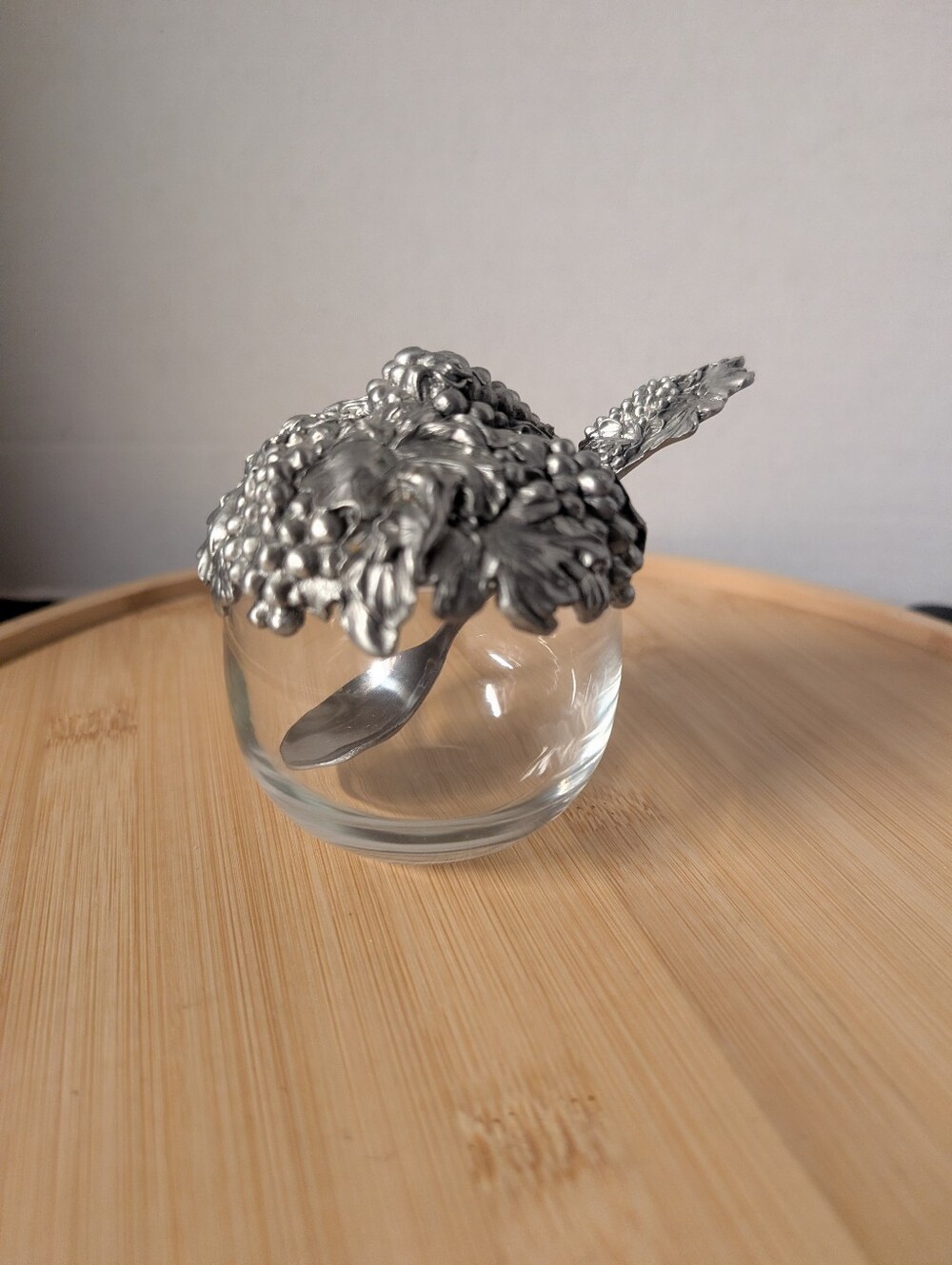 Vintage Signed 1991 Seagull Pewter/Glass jam jar with lid and matching spoon